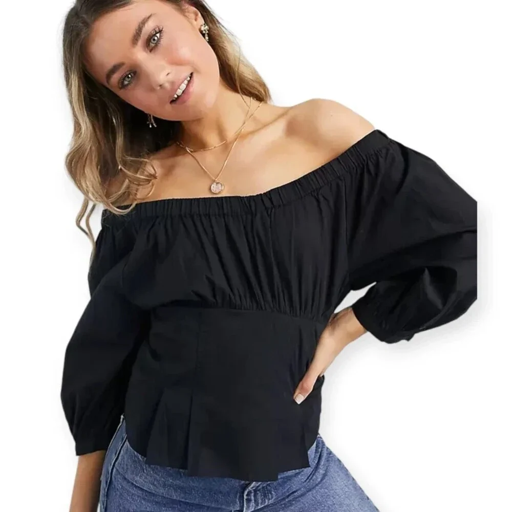 Free People Teagan Size Medium Black Puff-Sleeve On/Off Shoulder Peplum Blouse